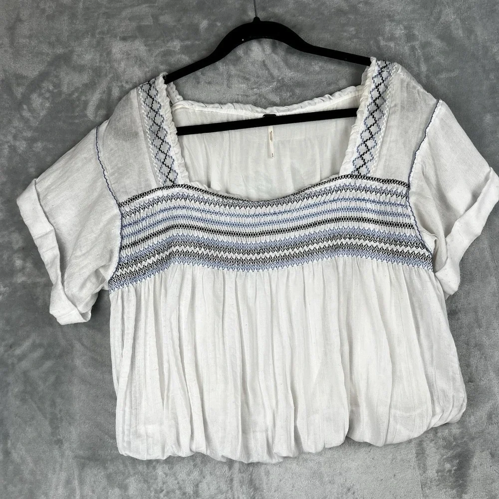 Free People Top Y2k Boho Medium Peasant Embroidered  Ruffle Prairie Crop